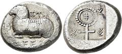 GRIECHEN ZYPERN. SALAMIS. Euelthon, ca. 515 - 480 v. Chr. Stater (11.09g). Vs.: Liegender Widder n. r. mit Beischrift "eufelethuntose". Rs.: Ankh-Symbol mit eingeschriebenem Zeichen "ba" und Zeichen i