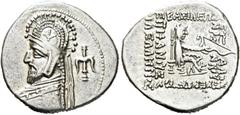 GRIECHEN PARTHER. ARSAKIDEN. Orodes I., 80 - 75 v. Chr. Drachme (4.14g). Mzst.Ekbatana. Vs.: Bärtige Büste mit Tiara mit gestielten Kugeln n. l. Dahinter Ankersymbol. Rs.: ΒΑΣΙΛΕΩΣ / ΜΕΓΑΛΟΥ / ΑΙΣΑΚΟΥ