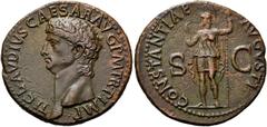 RÖMER RÖMISCHE KAISERZEIT Claudius, 41 - 54 n. Chr. As (11.32g). 41 - 42 n. Chr. Mzst.Rom. Vs.: TI CLAVDIVS CAESAR AVG P M TR P IMP, Kopf n. l. Rs.: CONSTANTITAE AVGVSTI / S - C, behelmte Constantia i