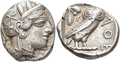 GRIECHEN GRIECHEN ATTIKA. ATHEN. Tetradrachme (17.00g). 421 - 365 Jh. v. Chr. Vs.: Kopf der Athena mit verziertem, bekränztem, attischem Helm n. r. Rs.: ΑΘΕ, Eule n. r. stehend, Kopf in Vorderansicht,