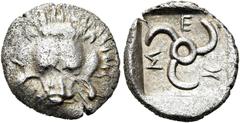 GRIECHEN GRIECHEN LYKIEN. DYNASTEN. Mithrapata. Diobol (1.36g). 390 - 370 v. Chr. Mzst.unbestimmt. Vs.: Löwenskalp in Vorderansicht. Rs.: Triskeles in flachem Quadratum incusum, darin lykische Buchsta