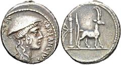 RÖMER RÖMER RÖMISCHE REPUBLIK. RÖMISCHE REPUBLIK NACH 211 V CHR. Cn. Plancius, 55 v. Chr. Denar (4.20g). Mzst.Rom. Vs.: CN PLANCIVS AED [CVR S C], Büste der Makedonia mit Causia n. r. Rs.: Kretische W