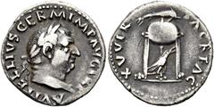 RÖMER RÖMER RÖMISCHE KAISERZEIT Vitellius, 69 n. Chr. Denar (3.40g). April - Dezember 69 n. Chr. Mzst.Rom. Vs.: A VITELLIVS GERM IMP AVG TR P, Kopf mit Lorbeerkranz n. r. Rs.: XV VIR SACR FAC, Dreifuß