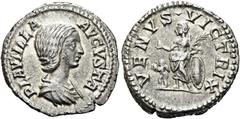 RÖMER RÖMER RÖMISCHE KAISERZEIT Plautilla, 202 - 205 n. Chr. Denar (3.30g). 204 n. Chr. Mzst.Rom. Vs.: PLAVTILLA AVGVSTA, drapierte Büste n. r. Rs.: VENVS VICTRIX, Venus mit Apfel u. Palmzweig lehnt a