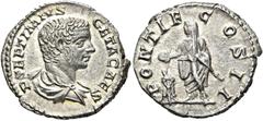 RÖMER RÖMER RÖMISCHE KAISERZEIT Geta als Caesar, 197 - 209 n. Chr. Denar (3.11g). 208 n. Chr. Mzst.Rom. Vs.: P SEPTIMIVS GETA CAES, drapierte Büste n. r. Rs.: PONTIF COS II, Genius capite velato n. l.
