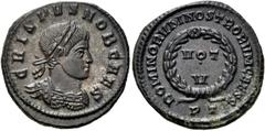 RÖMER RÖMER RÖMISCHE KAISERZEIT Crispus, 317 - 326 n. Chr. Follis (3.19g). 320 - 321 n. Chr. Mzst.Ticinum. Vs.: CRISPVS NOB CAES, Panzerbüste mit Lorbeerkranz n. r. Rs.: DOMINORVM NOSTRORVM CAESS / PT