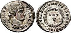 RÖMER RÖMER RÖMISCHE KAISERZEIT Crispus, 317 - 326 n. Chr. Follis (2.99g). 320 - 321 n. Chr. Mzst.Siscia. Vs.: IVL CRIS-PVS NOB C, Kopf mit Lorbeerkranz n. r. Rs.: CAESARVM NOSTRORVM / ASIS*, VOT / V 