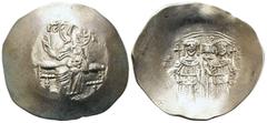 BYZANZ . Alexios III. Angelos-Komnenos, 1195 - 1203 n. Chr. Aspron Trachy, ø 27mm (3.90g). 1195 - 1197 n. Chr. Mzst.Konstantinopel. Vs.: + KE RO-HΘEI / IC - XC, thronender Christus mit Kodex. Rs.: AΛΕ