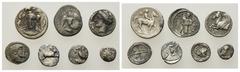 ANTIKE LOTS . Griechische AR. Kleinmünzen. 5.-4. Jh. v. Chr. Athen, Hemiobol (1), Rhegion, Litra (1), Kamarina, Litra (1), Akragas, Litra (1), Syrakus: Obol der Demareteion-Reihe (1), Hemdrachmen des 