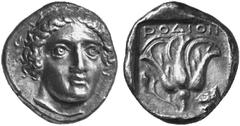 GRIECHEN KARISCHE INSELN No.: 202 Schätzpreis-Estimation: DM 5000,- RHODOS. Tetradrachme, (13,78 g.), ca. 404 - 375 v.Chr. Vs: Kopf des Helios mit Strahlenkranz von vorn leicht nach r. gewandt. Rs: Ro