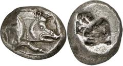 GRIECHEN LYKIEN Stater (9,49g) ca. 500 / 480 v. Chr. Mzst. unbestimmt. Vs.: Eberprotome r. mit Perlstab an der Schulter, dahinter gepunktete Zierleiste. Rs.: Unregelmäßig strukturiertes Incusum. Visma