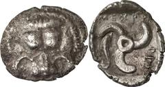 GRIECHEN LYKIEN Mithrapata Stater (9,28g) 390 / 370 v. Chr. Mzst. unbestimmt Vs.: Frontaler Löwenskalp, darunter Triskeles. Rs.: "mithrapata", Triskeles, im Feld Delfin. SNG Aul. 4221. Tönung, ss Esti