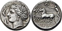 GRIECHEN SIZILIEN. SYRAKUS. Agathokles, 317 - 289 v. Chr. Tetradrachme ø 25mm (16,90g). 310 - 305 v. Chr. Vs.: Kopf der Arethusa mit Ohrring und Halskette n. l., von vier Delfinen umspielt. Rs.: ΣΥΡΑΚ