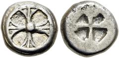 GRIECHEN ATTIKA. ATHEN. Wappenmünze. Drachme ø 14mm (4,03g). ca. 515 - 510 v. Chr. Vs.: Wagenrad mit vier Speichen. Rs.: Vierteiliges, diagonal geteiltes Quadratum incusum. SNG Cop 5; Seltman Taf. IV,