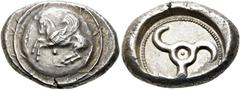 GRIECHEN LYKIEN. DYNASTEN. Khinakha (?). Stater ø 17mm (9,89g). ca. 460 - 440 v. Chr. Vs.: N. l. fliegender Pegasos auf Rundschild, darunter Punkt. Rs.: Triskeles in rundem Incusum, darum schmaler Per