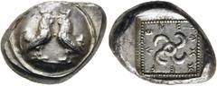 GRIECHEN LYKIEN. DYNASTEN. Teththiveibi. Stater ø 16mm (8,55g). 450 - 420 v. Chr. Vs.: Zwei gegenständige Hähne auf einem gewölbten Schild, dazwischen Zeichen. Rs.: "teththiveibi", Tetraskeles in vert