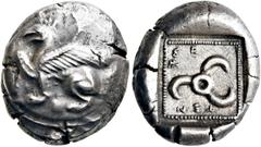 GRIECHEN LYKIEN. DYNASTEN. Tnnemi. Stater ø 20mm (8,46g). ca. 460 - 450 v. Chr. Vs.: N. links sitzender Greif mit erhobener rechter Vordertatze auf einem gewölbten Schild. Rs.: "Tnnemi", skorpionähnli