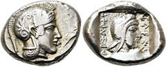 GRIECHEN LYKIEN. DYNASTEN. Kherei. Stater ø 17mm (8,52g). 430 - 400 v. Chr. Mzst. Xanthos. Vs.: Kopf der Athena mit lorbeer­geschmücktem attischen Helm n. r. Rs.: Kopf des Dynasten mit Kyrbasia u. lan