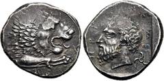 GRIECHEN LYKIEN. DYNASTEN. Mithrapata. Stater ø 22mm (9,87g). ca. 380 - 370 v. Chr. Vs.: Löwenprotome mit aufgerissenem Maul n. r. Rs.: "mithrapata", Porträt des Dynasten n. l., dahinter Triskeles. SN