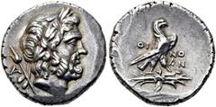 GRIECHEN LYKIEN. OINOANDA. Didrachme ø 21mm (8,17g). ca. 200 v. Chr. Vs.: Kopf des Zeus mit Lorbeerkranz n. r., dahinter Zepter u. A. Rs.: Adler mit geschlossenen Flügeln auf Blitzbündel n. r. stehend