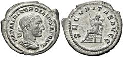 RÖMER RÖMISCHE KAISERZEIT. Gordian I., 238 n. Chr. Denar ø 20mm (2,92g). Mzst. Rom. Vs.: IMP M ANT GORDIANVS AFR AVG, drapierte Panzerbüste mit Lorbeerkranz n. r. Rs.: SECVRITAS AVGG, Securitas mit Ze