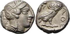 GRIECHEN ATTIKA. ATHEN. Tetradrachme ø 22mm (17,06g). 421 - 365 Jh. v. Chr. Vs.: Kopf der Athena mit verziertem u. bekränztem attischen Helm n. r. Rs.: ΑΘΕ, Eule n. r. stehend, Kopf in Vorderansicht, 