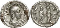 RÖMER RÖMISCHE KAISERZEIT Annia Faustina, 221 n. Chr. Denar (2,68g). Mzst. Rom. Vs.: ANNIA FAVSTINA AVG, drapierte Büste n. r. Rs.: CONCORDIA, Elagabal u. Annia Faustina in dextrarum iunctio, dazwisch