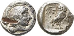 GRIECHEN EUBÖA. ATHEN. Tetradrachme ø 25mm (17,06g). 515 - 500/490 v. Chr. Vs.: Kopf der Athena im attischen Helm mit Helmbusch n. r. Rs.: ΑΘΕ, Eule im Quadratum incusum n. r. stehend, l. oben Ölbaumz