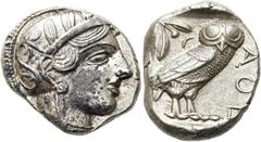 GRIECHEN EUBÖA. ATHEN. Tetradrachme ø 26mm (17,19g). Um 454 - 404 v. Chr. Vs.: Kopf der Athena mit attischem Helm, der von einem Lorbeerkranz bekrönt wird, n. r. Rs.: ΑΘΕ, Eule n. r. stehend, Kopf in 