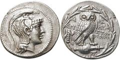 GRIECHEN EUBÖA. ATHEN. Tetradrachme des Neuen Stils ø 31mm (16,81g). 136/5 v. Chr. Vs.: Kopf der Athena mit attischem Helm n. r. Rs.: Α-ΘΕ, Eule auf Amphora, ΗΡΑ - ΑΡΙΣΤΟΦ / ΠΟΛΥΜ, auf der Amphora Ε, 