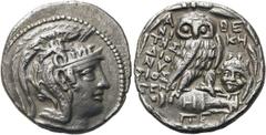 GRIECHEN EUBÖA. ATHEN. Tetradrachme des Neuen Stils ø 29mm (15,80g). ca. 98 - 97 v. Chr. Magistrate Niketes, Dionysios u. Xen(...). Vs.: Kopf der Athena Parthenos mit reich geschmücktem Helm n. r. Rs.