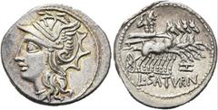 RÖMER RÖMISCHE REPUBLIK. RÖMISCHE REPUBLIK NACH 211 V. CHR. L. Appuleius Saturninus, 104 v. Chr. Denar ø 21mm (3,92g). Mzst. Rom. Vs.: Kopf der Roma n. l. Rs.: L SATVRN, Saturn mit Harpa in Quadriga n
