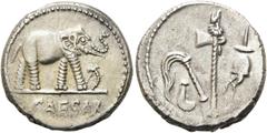 RÖMER RÖMISCHE REPUBLIK. RÖMISCHE REPUBLIK NACH 211 V. CHR. C. Iulius Caesar, 49 - 48 v. Chr. Denar ø 18mm (3,91g). Mzst. in Gallia Narbonensis oder Hispania Citerior. Vs.: CAESAR, Elefant trampelt n.