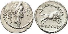 RÖMER RÖMISCHE REPUBLIK. RÖMISCHE REPUBLIK NACH 211 V. CHR. L. Livineius Regulus, 42 v. Chr. Denar ø 18mm (3,78g). Mzst. Rom. Vs.: Kopf von Julius Caesar mit Lorbeerkranz n. r., dahinter Lorbeerzweig,
