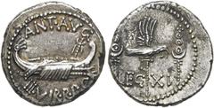 RÖMER RÖMISCHE REPUBLIK. RÖMISCHE REPUBLIK NACH 211 V. CHR. Marcus Antonius, 32 - 31 v. Chr. Denar ø 17mm (3,73g). Mzst. mit Marc Anton ziehend (Patras?). Vs.: ANT AVG / IIIVIR R P C, Kriegsgaleere n.
