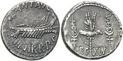 RÖMER RÖMISCHE REPUBLIK. RÖMISCHE REPUBLIK NACH 211 V. CHR. Marcus Antonius, 32 - 31 v. Chr. Denar ø 17mm (3,79g). Mzst. mit Marc Anton ziehend (Patras?). Vs.: ANT AVG / IIIVIR R P C, Kriegsgaleere n.
