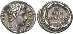 RÖMER KAISERZEIT. Augustus, 27 v. Chr. - 14 n. Chr. Denar ø 18mm (3,76g). 19 v. Chr. Mzst. Colonia Patricia. Vs.: CAESAR AVGVSTVS, Kopf n. r. Rs.: OB CIVIS - SERVATOS, Eichenlaubkranz. RIC 77a; C. 208