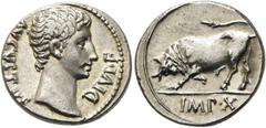 RÖMER KAISERZEIT. Augustus, 27 v. Chr. - 14 n. Chr. Denar ø 18mm (3,87g). 15 v. Chr. Mzst. Lugdunum. Vs.: AVGVSTVS DIVI F, Kopf n. r. Rs.: IMP X, Stier n. l. RIC 167a. C. 141; BMC 458; BN 1389. Pracht