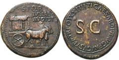 RÖMER KAISERZEIT. Livia, 58 v. Chr. - 29 n. Chr. AE Sesterz ø 36mm (27,45g). Geprägt unter Tiberius, 22 - 23 n. Chr. Mzst. Rom. Vs.: S P Q R / IVLIAE AVGVST, verziertes Carpentum von zwei Maultieren g