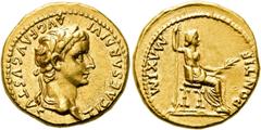 RÖMER KAISERZEIT. Tiberius, 14 - 37 n. Chr. Aureus ø 19mm (7,87g). 30 n. Chr. Mzst. Lugdunum. Vs.: TI CAESAR DIVI AVG F AVGVSTVS, Kopf mit Lorbeerkranz n. r. Rs.: PONTIF MAXIM, Iustitia sitzt mit Zept