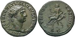 RÖMER KAISERZEIT. Trajan, 98 - 117 n. Chr. AE Dupondius ø 27mm (11,19g). 100 n. Chr. Mzst. Rom. Vs.: IMP CAES NERVA TRAIAN GERM P M, Büste mit Strahlenkrone u. Gewand auf der l. Schulter n. r. Rs.: TR
