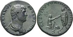 RÖMER KAISERZEIT. Hadrian, 117 - 138 n. Chr. AE Sesterz ø 31mm (23,04g). 130 - 138 n. Chr. Mzst. Rom. Vs.: HADRIANVS AVG COS III P P, drapierte Büste n. r. Rs.: RESTITVTORI HISPANIAE / S C, Hadrian al