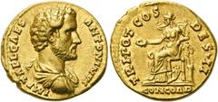 RÖMER KAISERZEIT. Antoninus Pius als Caesar, 138 n. Chr. Aureus ø 19mm (6,86g). Geprägt unter Hadrian. Mzst. Rom. Vs.: IMP T AEL CAES ANTONINVS, drapierte Panzerbüste n. r. Rs.: TRI POT COS DES II / C