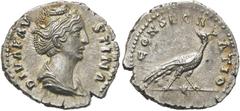 RÖMER KAISERZEIT. Diva Faustina maior, ab 140 n. Chr. Denar ø 19mm (3,56g). Geprägt unter Antoninus Pius, nach 141 n. Chr. Mzst. Rom. Vs.: DIVA FAV-STINA, drapierte Büste n. r. Rs.: CONSECR-ATIO, Pfau