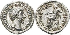 RÖMER KAISERZEIT. Marcus Aurelius, 161 - 180 n. Chr. Denar ø 18mm (3,19g). 162 n. Chr. Mzst. Rom. Vs.: IMP M AVREL ANTONINVS AVG, Kopf n. r. Rs.: CONCORD AVG TR P XVI / COS III, Concordia sitzt mit Pa