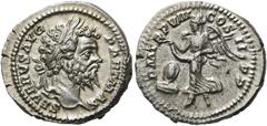 RÖMER KAISERZEIT. Septimius Severus, 193 - 211 n. Chr. Denar ø 20mm (3,34g). 200 n. Chr. Mzst. Rom. Vs.: SEVERVS AVG PART MAX, Kopf mit Lorbeerkranz n. r. Rs.: P M TR P VIII COS II P P, Viktoria hält 