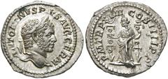 RÖMER KAISERZEIT. Caracalla, 197 - 217 n. Chr. Denar ø 20mm (3,31g). 215 n. Chr. Mzst. Rom. Vs.: ANTONINVS PIVS AVG GERM, Kopf mit Lorbeerkranz n. r. Rs.: P M TR P XVIII COS IIII P P, Fides Militum st