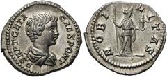 RÖMER KAISERZEIT. Geta als Caesar, 197 - 209 n. Chr. Denar ø 19mm (3,37g). 199 n. Chr. Mzst. Rom. Vs.: P SEPT GETA CAES PONT, drapierte Büste n. r. Rs.: NOBI-LITAS, Nobilitas mit Zepter u. Palladium n
