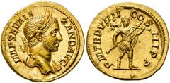 RÖMER KAISERZEIT. Severus Alexander, 222 - 235 n. Chr. Aureus ø 21mm (6,06g). 230 n. Chr. Mzst. Rom. Vs.: IMP SEV ALE-XAND AVG, Büste mit Lorbeerkranz u. Gewand auf l. Schulter n. r. Rs.: P M TR P VII