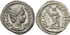 RÖMER KAISERZEIT. Iulia Mamaea, 222 - 235 n. Chr. Denar ø 20mm (3,16g). 228 n. Chr. Mzst. Rom. Vs.: IVLIA MA-MAEA AVG, drapierte Büste mit Stephane n. r. Rs.: FELICI-T-AS PVBLICA, Felicitas mit Caduce